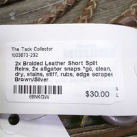 2x Braided Leather Short Split Reins, 2x alligator snaps *gc, clean, dry, stains, stiff, rubs, edge scrapes
