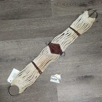 15 Cotton String Cinch, 2x D Rings, leather center *gc/fair, hairy, stains, rusty, dirty, unstitched center, older
