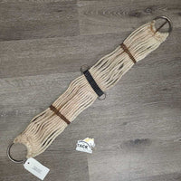 15 Cotton String Cinch, 2x D Rings, leather center *gc/fair, hairy, stains, rusty, dirty, unstitched center, older
