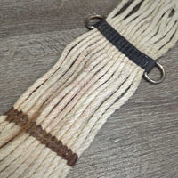 15 Cotton String Cinch, 2x D Rings, leather center *gc/fair, hairy, stains, rusty, dirty, unstitched center, older

