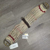 15 Cotton String Cinch, 2x D Rings, leather center *poor/fair, clean, v.rough, v.stiff, v.dry, breaking strings, oxidized, older
