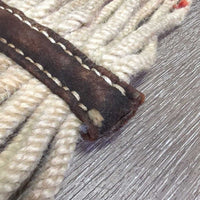 15 Cotton String Cinch, 2x D Rings, leather center *poor/fair, clean, v.rough, v.stiff, v.dry, breaking strings, oxidized, older
