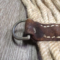 15 Cotton String Cinch, 2x D Rings, leather center *poor/fair, clean, v.rough, v.stiff, v.dry, breaking strings, oxidized, older
