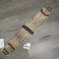 15 Cotton String Cinch, 2x D Rings, leather center *poor/fair, clean, v.rough, v.stiff, v.dry, breaking strings, oxidized, older
