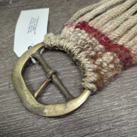 15 Cotton String Cinch, 2x D Rings, leather center *poor/fair, clean, v.rough, v.stiff, v.dry, breaking strings, oxidized, older
