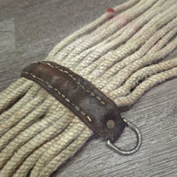15 Cotton String Cinch, 2x D Rings, leather center *poor/fair, clean, v.rough, v.stiff, v.dry, breaking strings, oxidized, older

