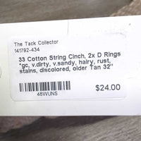 33 Cotton String Cinch, 2x D Rings *gc, v.dirty, v.sandy, hairy, rust, stains, discolored, older
