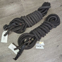 2 Horsemanship Nylon Rope Ground - Long Driving Reins, leather buckle ends *vgc, clean, mnr dirt, rubs, pills &U snags
