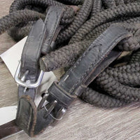 2 Horsemanship Nylon Rope Ground - Long Driving Reins, leather buckle ends *vgc, clean, mnr dirt, rubs, pills &U snags
