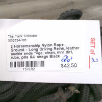 2 Horsemanship Nylon Rope Ground - Long Driving Reins, leather buckle ends *vgc, clean, mnr dirt, rubs, pills &U snags
