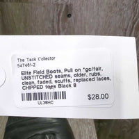 Field Boots, Pull on *gc/fair, UNSTITCHED seams, older, rubs, clean, faded, scuffs, replaced laces, CHIPPED toes
