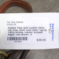 Padded Thick Soft Leather Halter, ajd, snap, blank name plate *vgc/gc, v.dirty/jockies, residue, scraped edges, rubs
