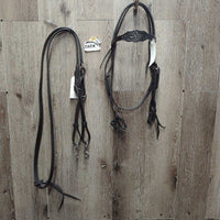 Tooled Leather Headstall, 2 laces, Narrow Adjustable Loop Reins, snaps *like new
