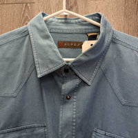 MENS Denim Western Shirt, snaps *gc, mnr faded, seam puckers

