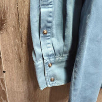 MENS Denim Western Shirt, snaps *gc, mnr faded, seam puckers
