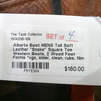 MENS Tall Soft Leather "Snake" Square Toe Western Boots, 2 Wood Foot Forms *vgc, older, clean, rubs, film
