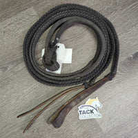 Wide Braided Nylon String Split Reins, Leather Flapper ends, Key Rings *No Buttons, taped ends, gc/fair, dirty, rubs, faded, chews
