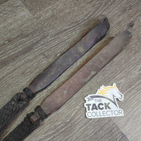 Wide Braided Nylon String Split Reins, Leather Flapper ends, Key Rings *No Buttons, taped ends, gc/fair, dirty, rubs, faded, chews
