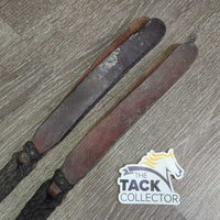 Wide Braided Nylon String Split Reins, Leather Flapper ends, Key Rings *No Buttons, taped ends, gc/fair, dirty, rubs, faded, chews
