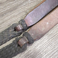 Wide Braided Nylon String Split Reins, Leather Flapper ends, Key Rings *No Buttons, taped ends, gc/fair, dirty, rubs, faded, chews
