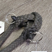 Wide Braided Nylon String Split Reins, Leather Flapper ends, Key Rings *No Buttons, taped ends, gc/fair, dirty, rubs, faded, chews
