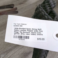 Wide Braided Nylon String Split Reins, Leather Flapper ends, Key Rings *No Buttons, taped ends, gc/fair, dirty, rubs, faded, chews
