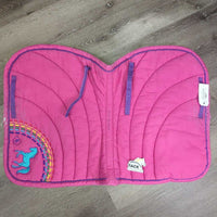 Pillow Jumper Pad, rainbow embroidery, piping *gc, clean, tears, mnr threads, faded, stains, pills, puckers, rubs
