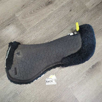 Quilt & Sheepskin Half Pad, Rolled Edge *fair, dirty, stains, v.thin & holey pommel, clumpy, older, discolored
