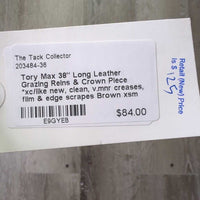 Max 38" Long Leather Grazing Reins & Crown Piece *xc/like new, clean, v.mnr creases, film & edge scrapes
