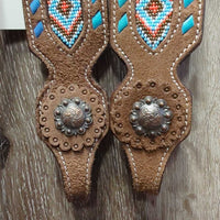 Thick Wide Beaded Cheeks Headstall, Suede, Buckstitch, tag *new, mnr stains

