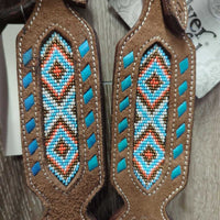 Thick Wide Beaded Cheeks Headstall, Suede, Buckstitch, tag *new, mnr stains
