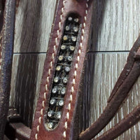 Quick Change Headstall, Bling, 5" T.Thumb, Chin Strap, Split Reins *xc/like new, mnr dusty, rubs, scuffs, stained bling & scratches, loose bit joints

