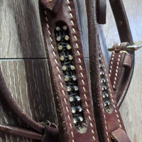 Quick Change Headstall, Bling, 5" T.Thumb, Chin Strap, Split Reins *xc/like new, mnr dusty, rubs, scuffs, stained bling & scratches, loose bit joints
