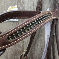 Quick Change Headstall, Bling, 5" T.Thumb, Chin Strap, Split Reins *xc/like new, mnr dusty, rubs, scuffs, stained bling & scratches, loose bit joints
