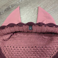 Crochet Ear Bonnet Fly Veil, Satin, x2 piping *xc, clean, mnr puckers
