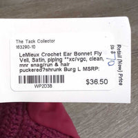 Crochet Ear Bonnet Fly Veil, Satin, piping **xc/vgc, clean, mnr snag/run & hair puckered?shrunk
