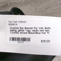 Crochet Ear Bonnet Fly Veil, Satin, piping, glitter *vgc, clean, mnr hair, v.curled, shrunk
