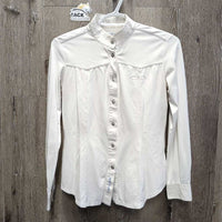 LS Show Shirt, Snap Collar *gc, clean, mnr stains, v.crinkled & bubbled collar, faded tag, missing bling, peeled logo, older
