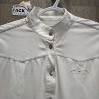 LS Show Shirt, Snap Collar *gc, clean, mnr stains, v.crinkled & bubbled collar, faded tag, missing bling, peeled logo, older
