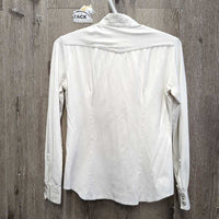 LS Show Shirt, Snap Collar *gc, clean, mnr stains, v.crinkled & bubbled collar, faded tag, missing bling, peeled logo, older
