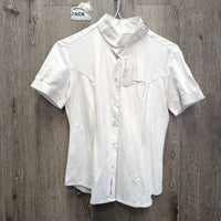 SS Show Shirt, wrap around snap collar *gc, v.crinkled & puckered collar & cuffs, older, seam puckers, faded tag

