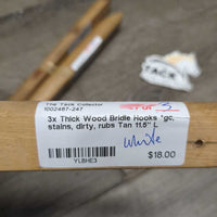 3x Thick Wood Bridle Hooks *gc, stains, dirty, rubs, dried tape
