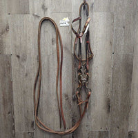 Tooled & Rawhide Trim Headstall, Hvy Split Reins, Bit, Chin *gc/vgc, clean, v.rusty, stains, rubs, scrapes, MISSING 2 Screws
