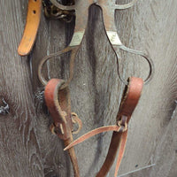 Tooled & Rawhide Trim Headstall, Hvy Split Reins, Bit, Chin *gc/vgc, clean, v.rusty, stains, rubs, scrapes, MISSING 2 Screws
