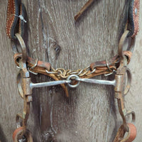 Tooled & Rawhide Trim Headstall, Hvy Split Reins, Bit, Chin *gc/vgc, clean, v.rusty, stains, rubs, scrapes, MISSING 2 Screws

