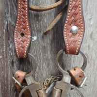 Tooled & Rawhide Trim Headstall, Hvy Split Reins, Bit, Chin *gc/vgc, clean, v.rusty, stains, rubs, scrapes, MISSING 2 Screws
