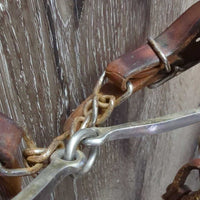 Tooled & Rawhide Trim Headstall, Hvy Split Reins, Bit, Chin *gc/vgc, clean, v.rusty, stains, rubs, scrapes, MISSING 2 Screws
