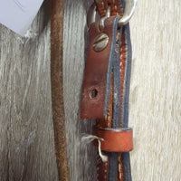 Tooled & Rawhide Trim Headstall, Hvy Split Reins, Bit, Chin *gc/vgc, clean, v.rusty, stains, rubs, scrapes, MISSING 2 Screws
