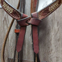 Tooled & Rawhide Trim Headstall, Hvy Split Reins, Bit, Chin *gc/vgc, clean, v.rusty, stains, rubs, scrapes, MISSING 2 Screws
