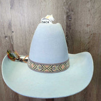 Vintage High Crown Felt Western Hat, Tapestry Band, Feather *vgc/xc, dusty, hairy, mnr stains
